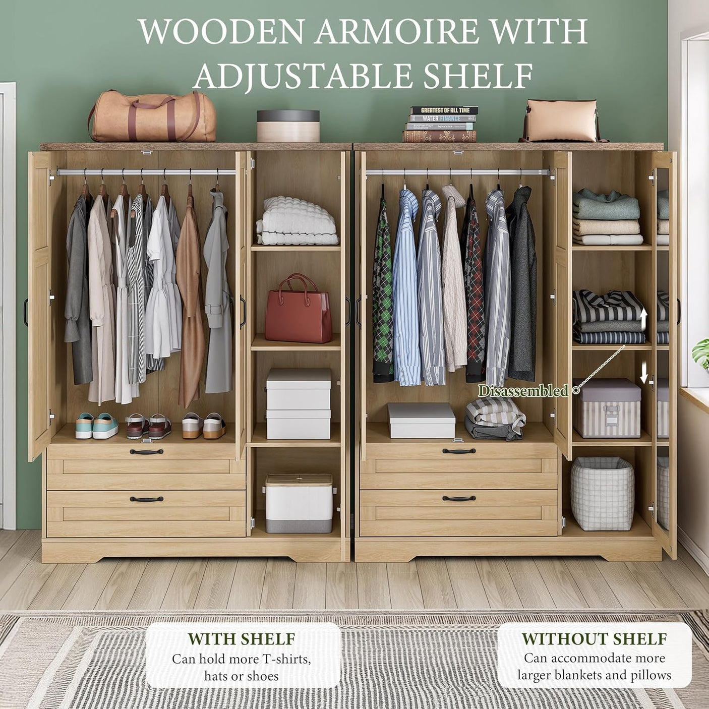 Yechen 3-Door Wooden Wardrobe Closet with Mirror, Drawers & Shelves, Farmhouse Armoire for Bedroom
