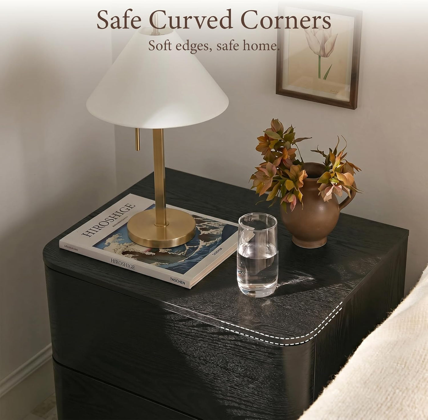Nightstand with 2 Push to Open Drawers & Hidden Compartment | 22'' Curved Bedside Table | Mid-Century Modern