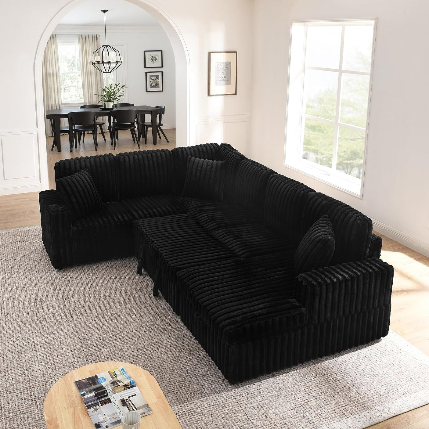 114" U-Shaped Sectional Sofa with Pull-Out Bed, Storage Chaise & USB Ports | Plush Corduroy, Seats 7