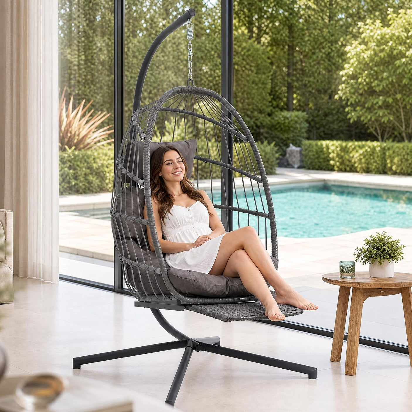 Egg Hanging Chair with Stand, Footrest & Cushion | Patio & Bedroom, Charcoal Grey