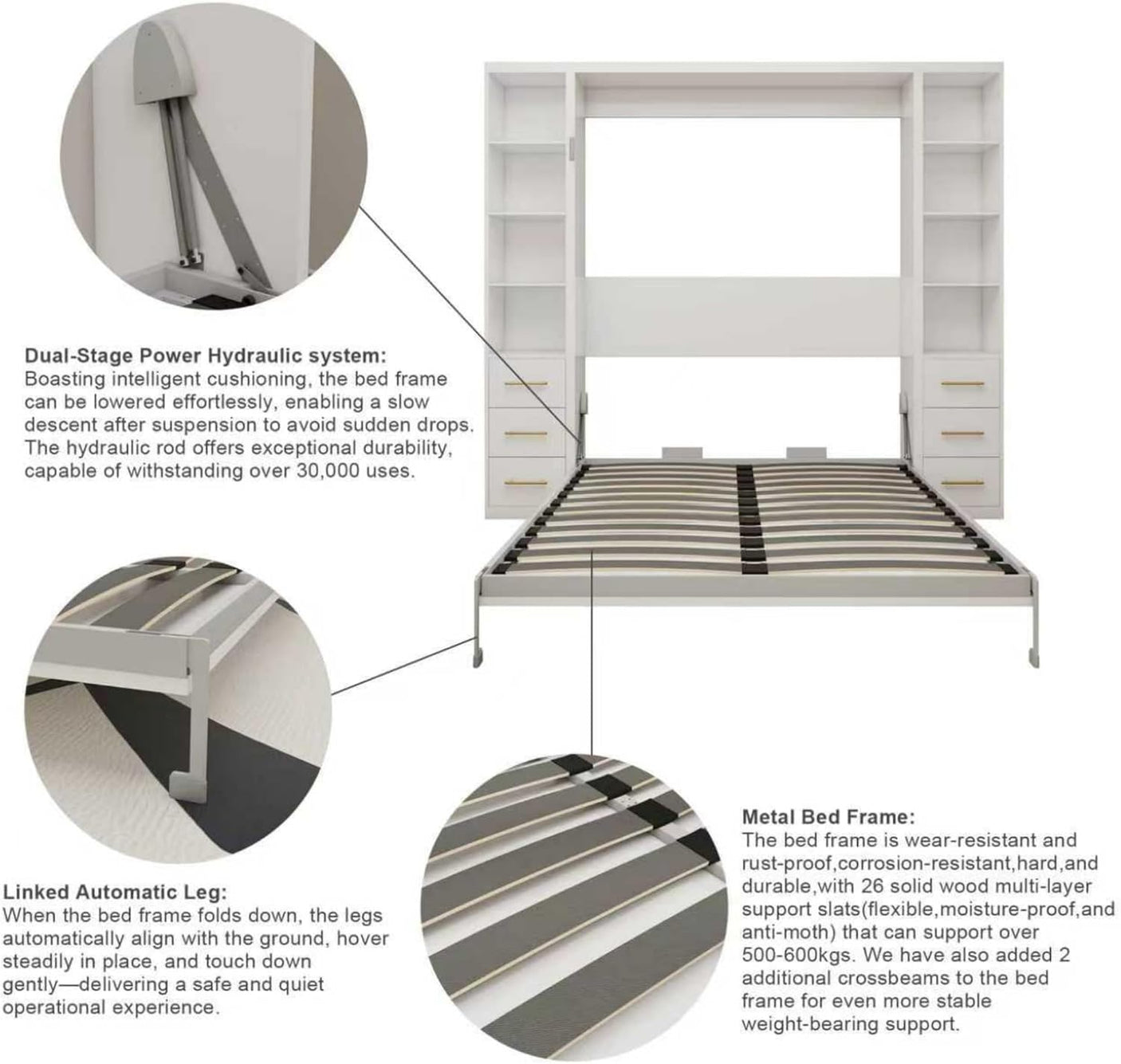 Queen Murphy Bed with Dual Side Storage Cabinets & Bookshelves | Space-Saving Wall Bed | Yechen Home