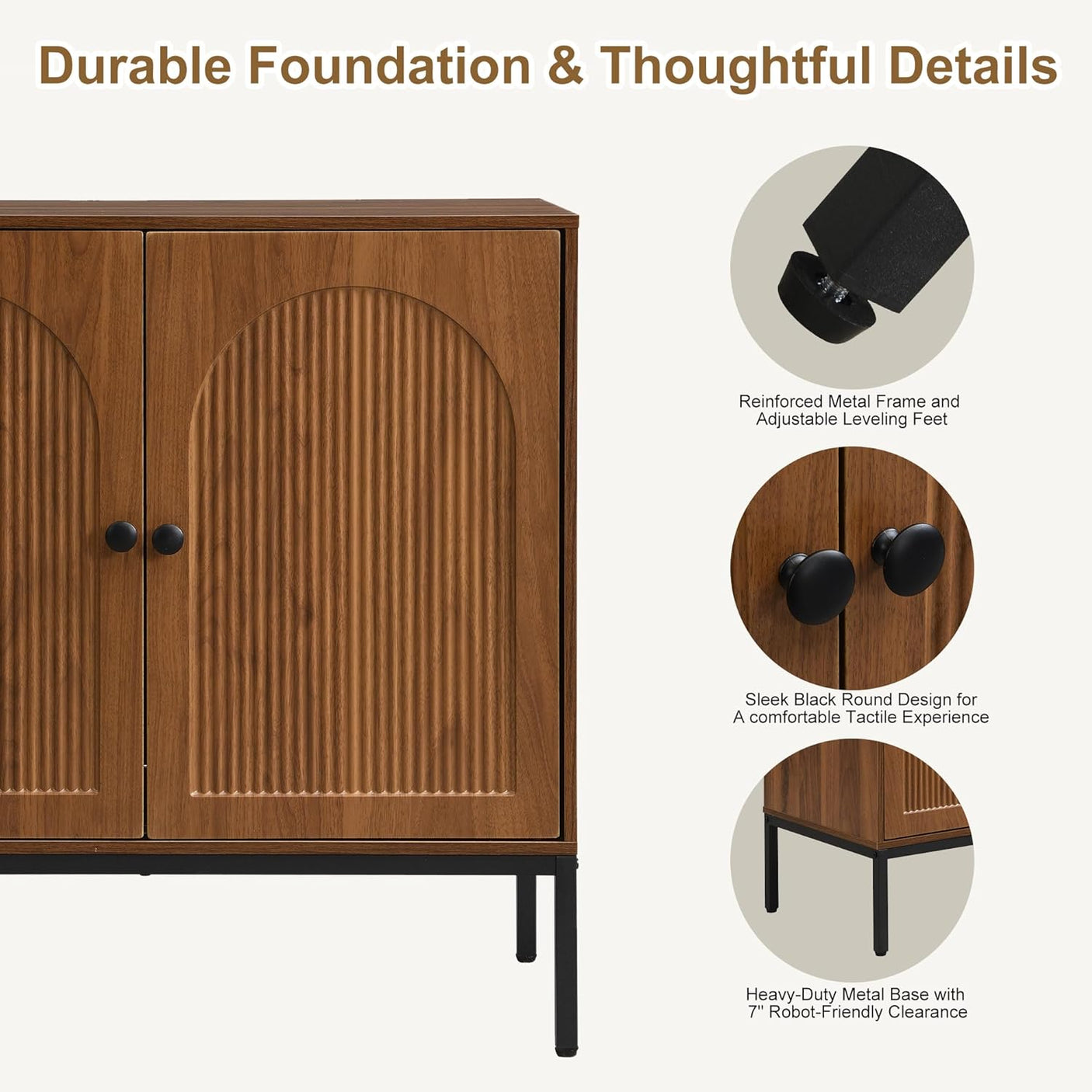 Fluted Sideboard Cabinet with Storage – 2-Door Arched Buffet Credenza | Mid-Century Modern | Walnut & Black