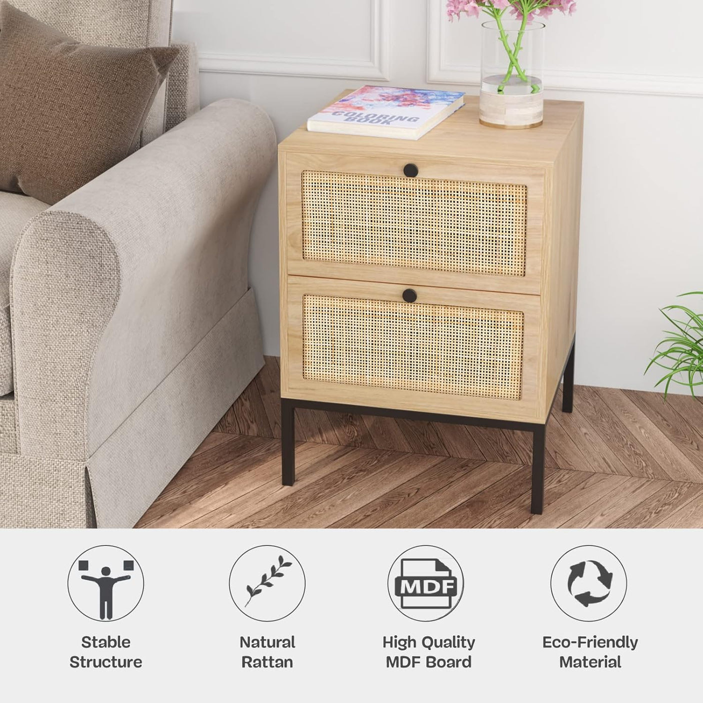 Boho Rattan Drawers Sidetable Nightstand 2 Packs