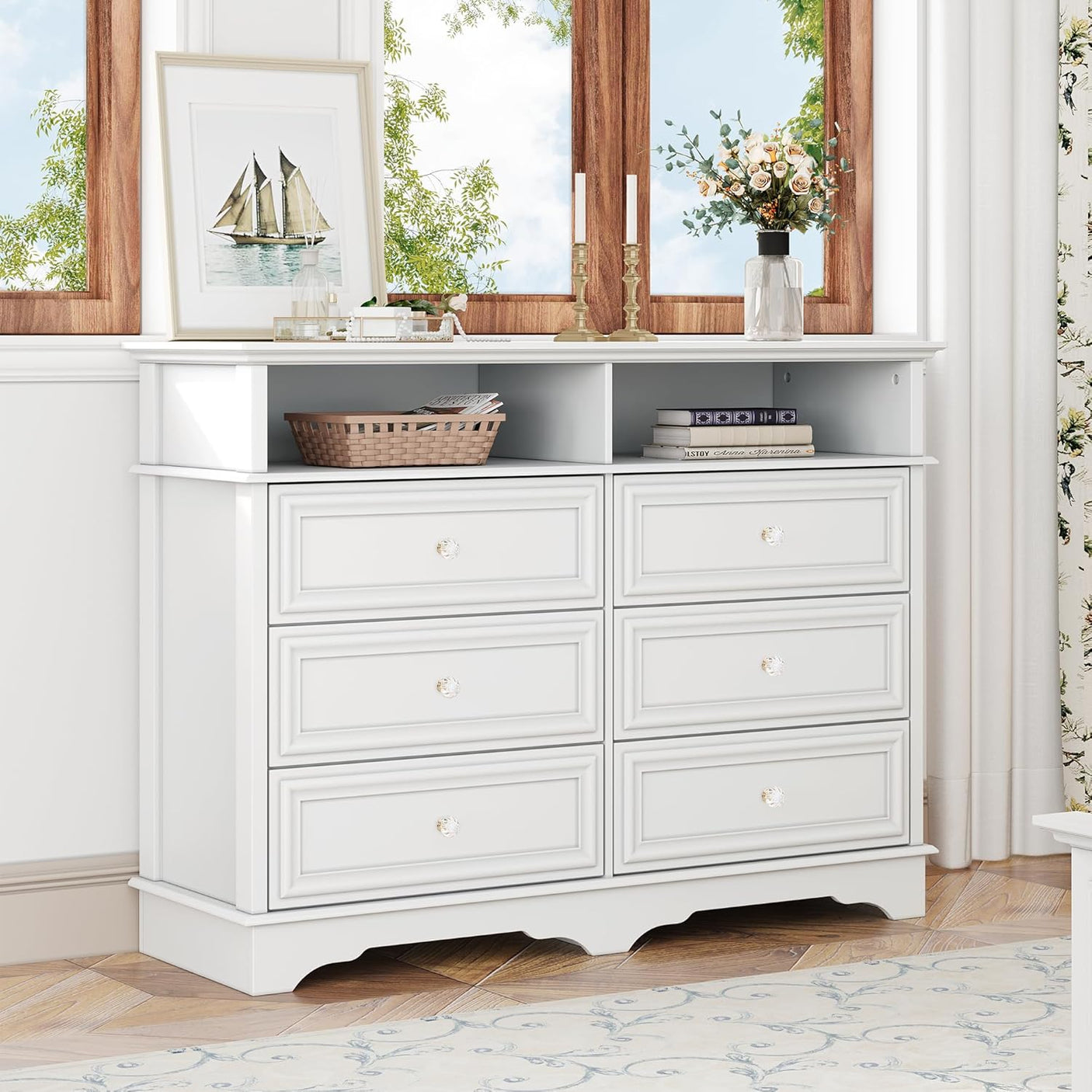 Rustic 6 Drawer Open Shelves Dresser