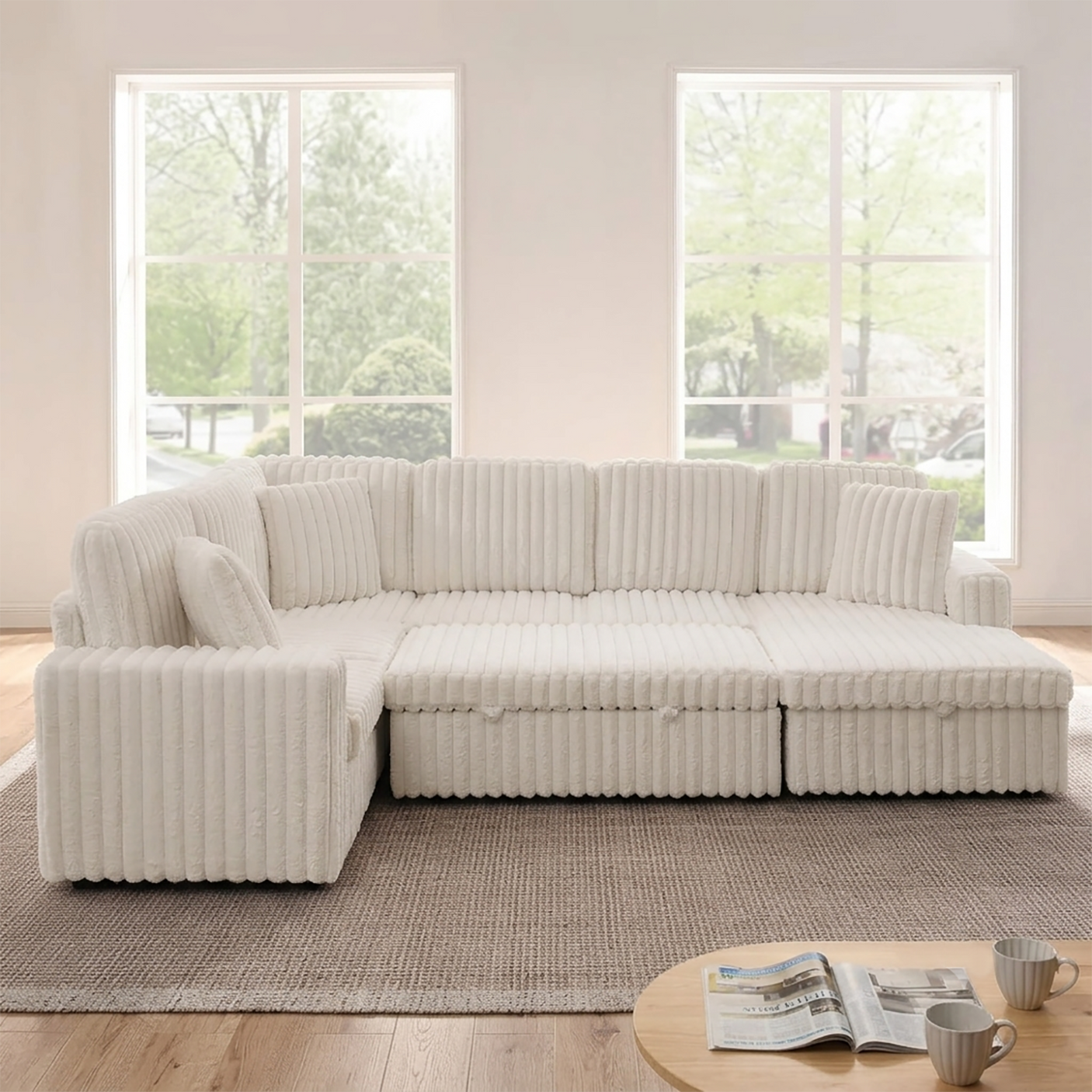 114" U-Shaped Sectional Sofa with Pull-Out Bed, Storage Chaise & USB Ports | Plush Corduroy, Seats 7