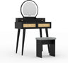 30" Vintage Makeup Vanity Table Set with Flip-Top Mirror & Rattan Drawers, Compact Dressing Table with Padded Stool