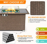 44" Propane Fire Pit Table, 50,000 BTU Outdoor Wicker Gas Fire Table with Glass Wind Guard & Auto Ignition, ETL Certified, Light Brown