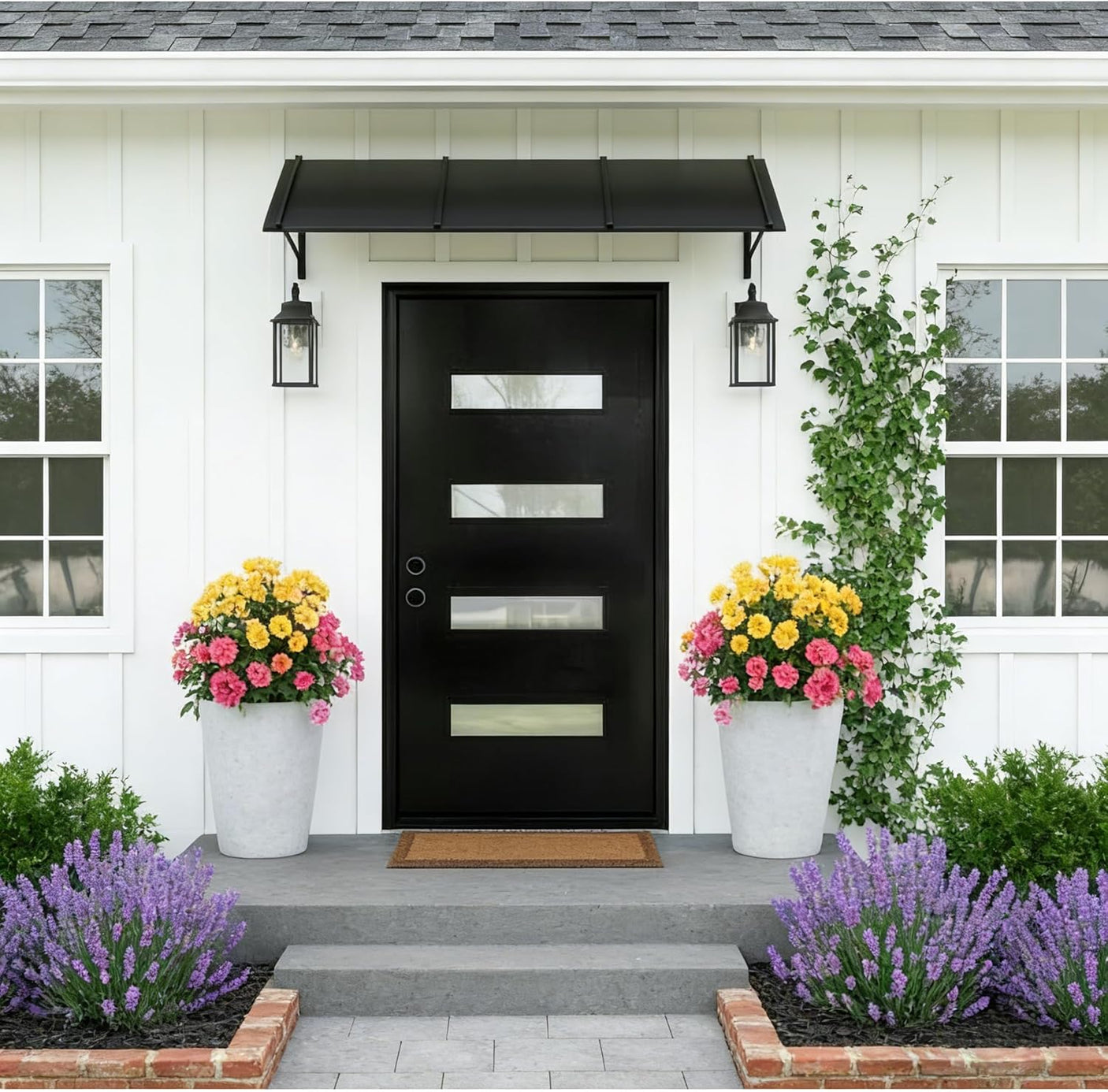 [Slab Only] 36" x 80" Fiberglass Front Door, Contemporary Modern Exterior Door, Frosted Glass Privacy Panel, Pre-Primed Black, Right Hand Inswing (Frame Not Included)