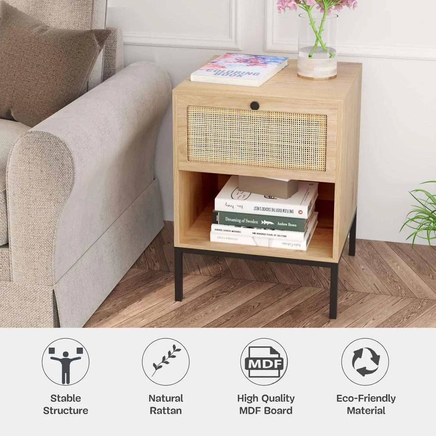 Boho Rattan Drawers Sidetable Nightstand 2 Packs