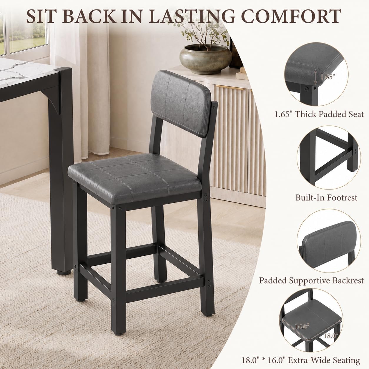 5-Piece Counter Height Dining Set | Marble-Look Top, Padded Chairs, Modern Grey