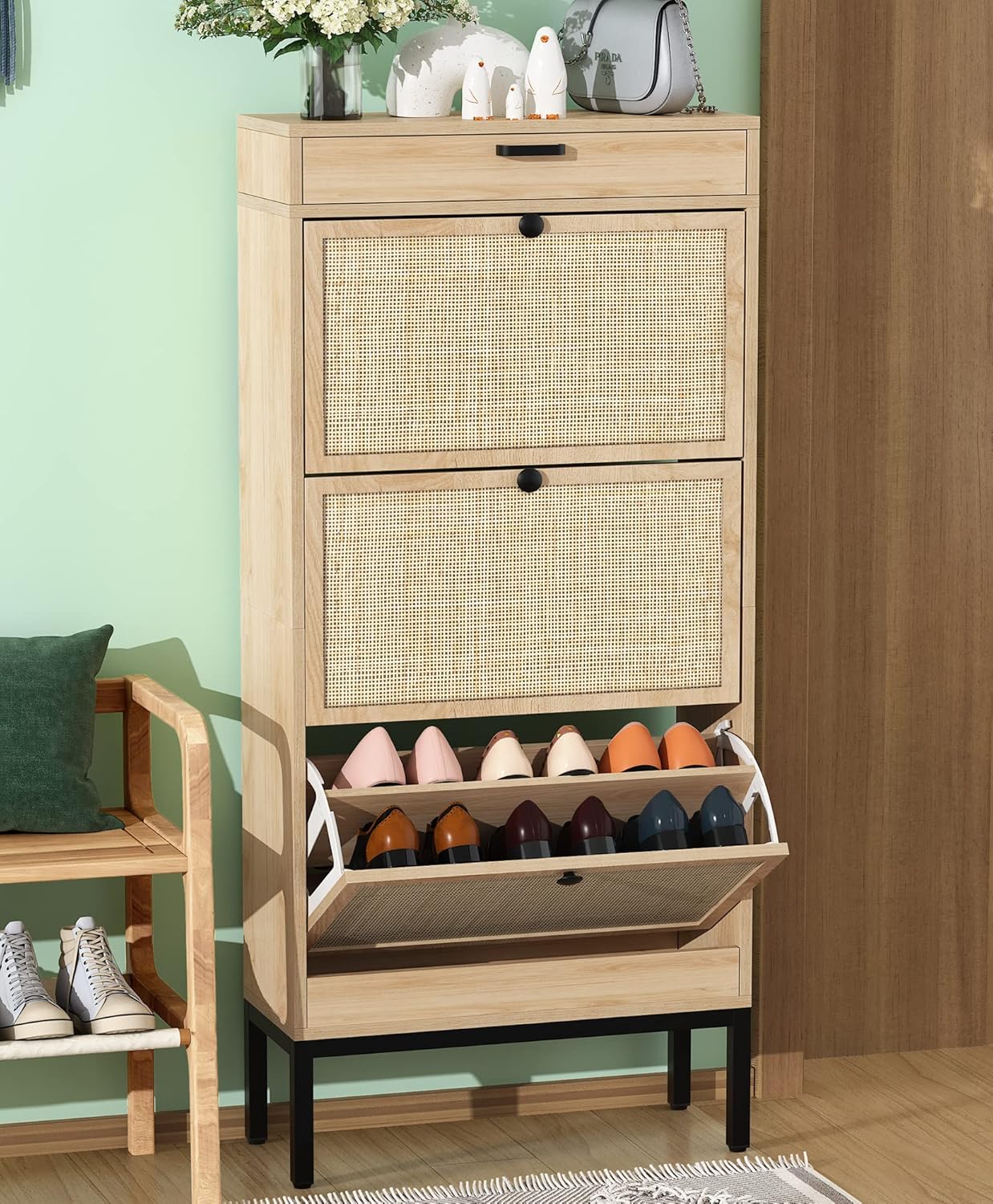 3 Doors Natural Rattan Entryway Storage Shoe Cabinet