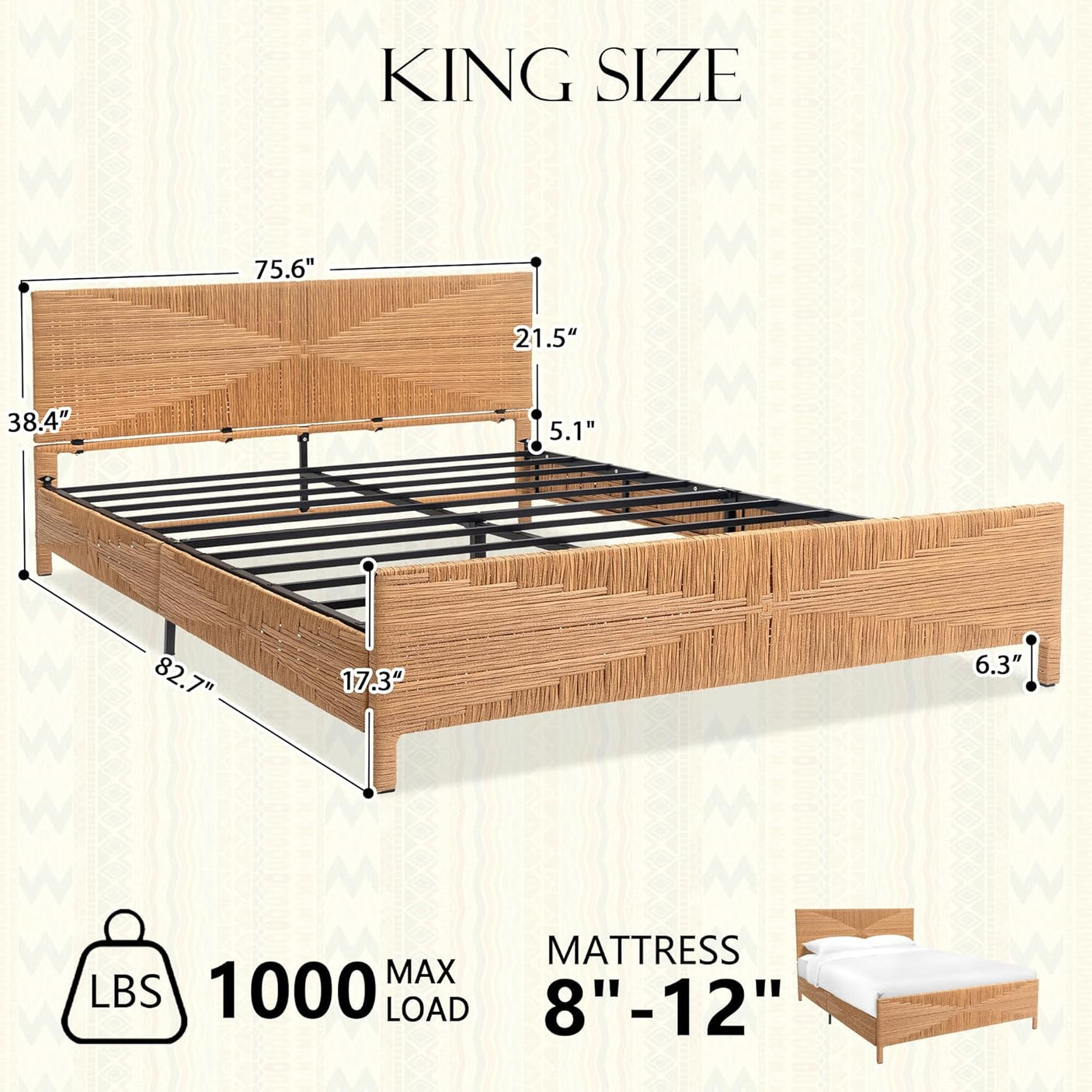 Bohemian Rattan Queen Bed Frame with Headboard and Footboard