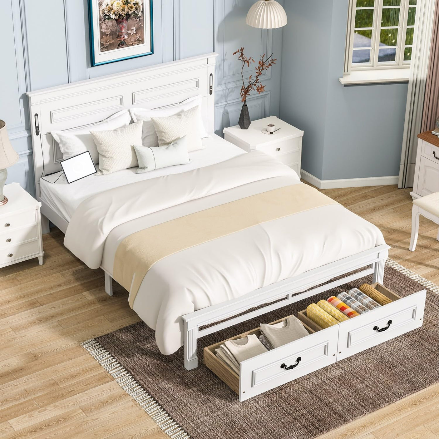 Farmhouse Bed Frame with Storage Drawers & LED Lights | Solid Pine Wood