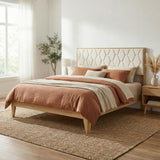 Yechen Diamond Headboard Platform Bed Frame | Boho Wood-Look, No Box Spring Needed
