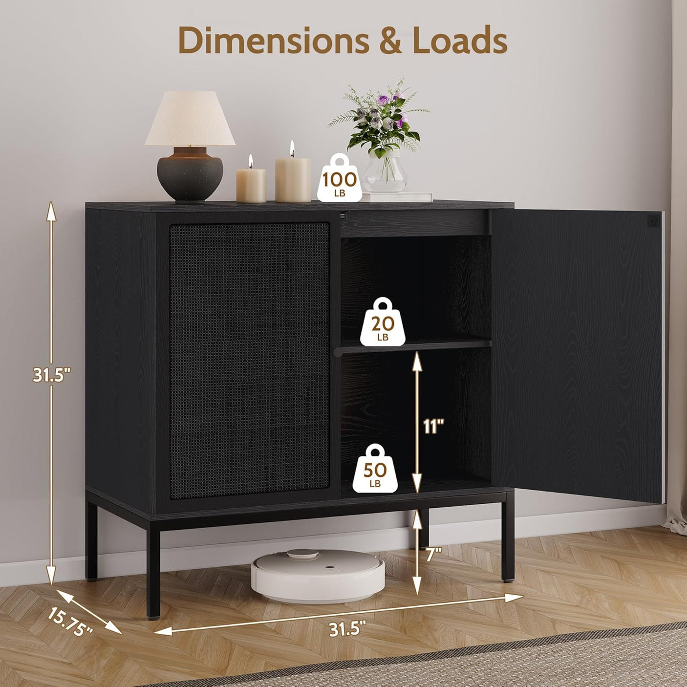 Sideboard Cabinet with Natural Rattan Decorated Doors