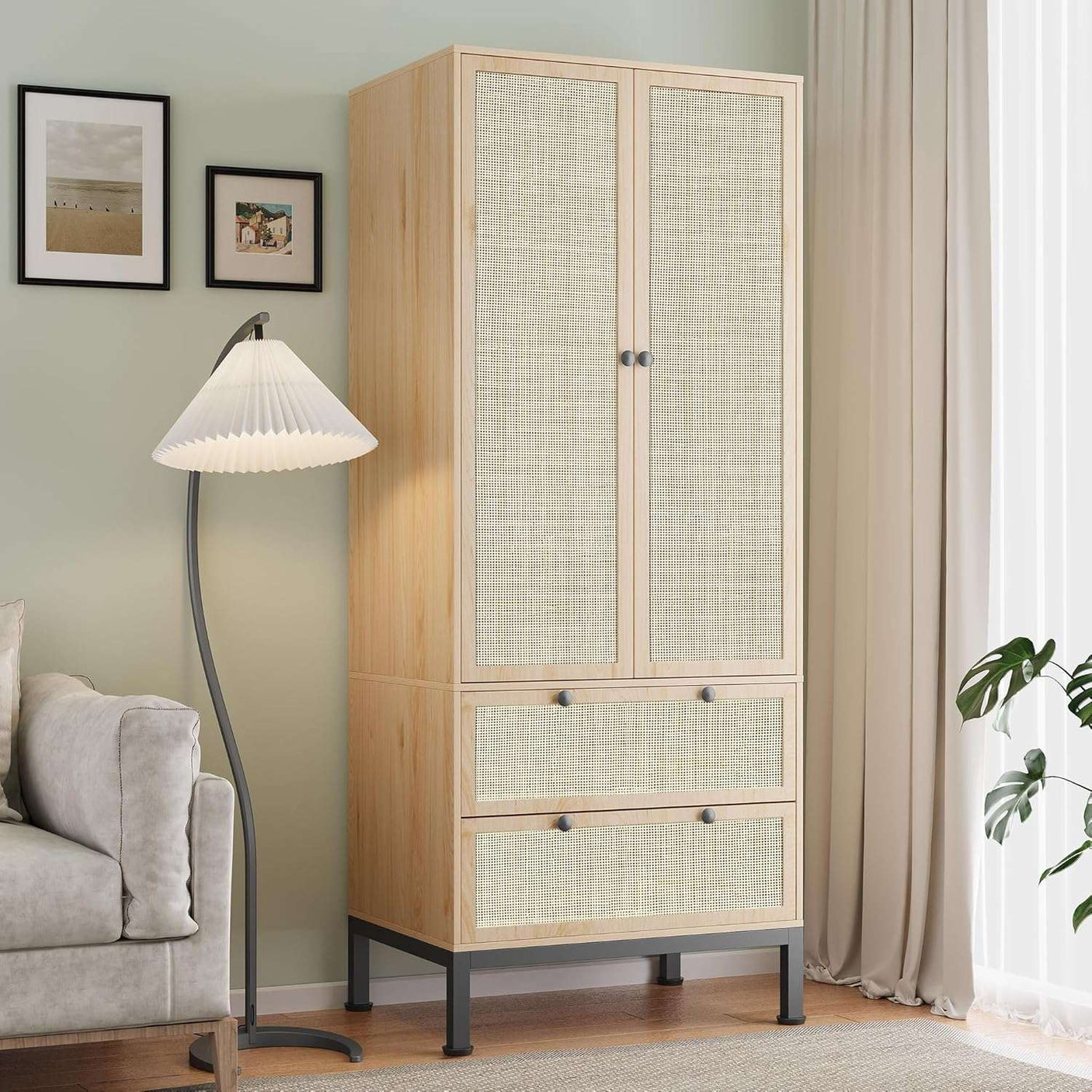 74" Natural Rattan Woven Wardrobe Armoire Closet