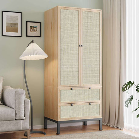 74" Natural Rattan Woven Wardrobe Armoire Closet