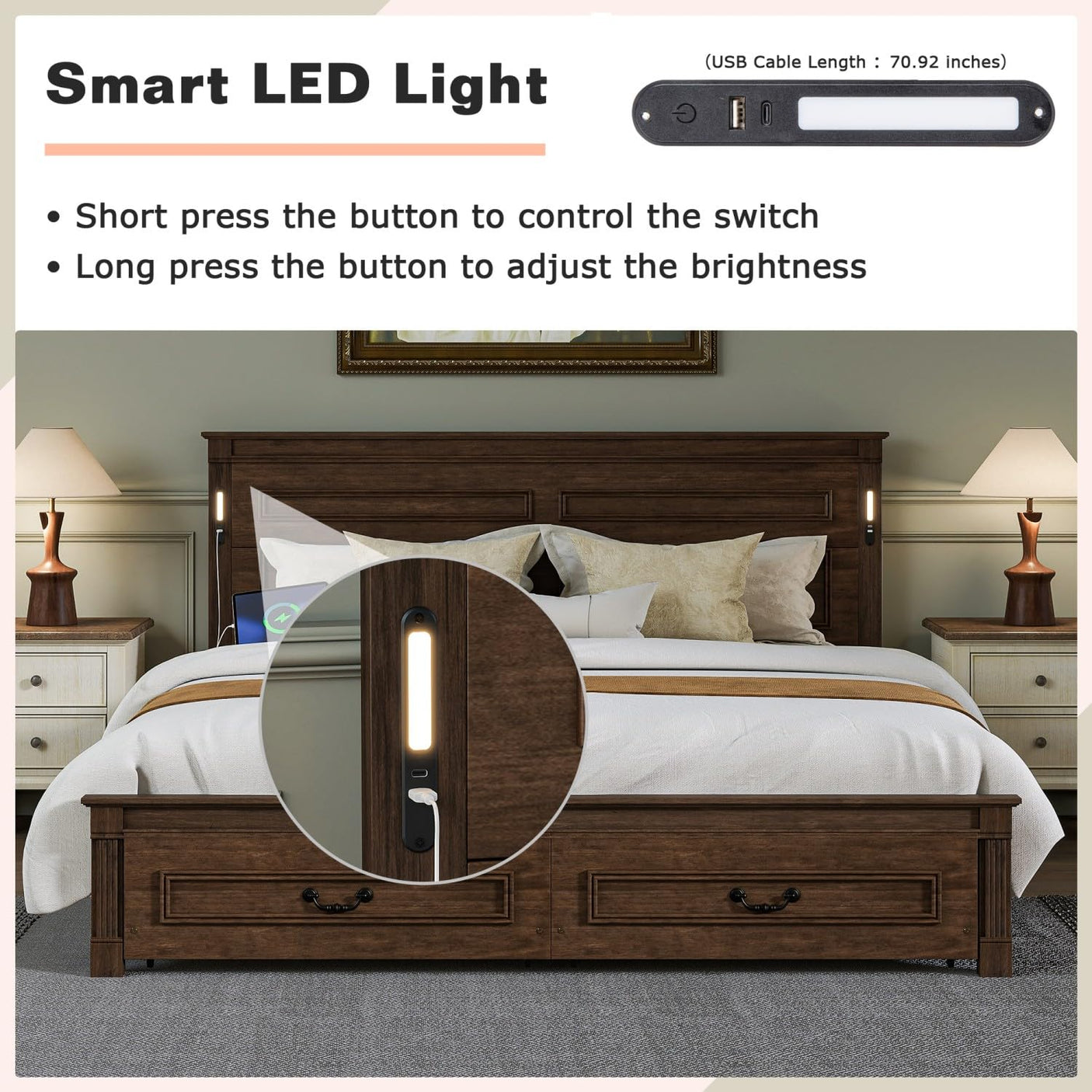 Farmhouse Bed Frame with Storage Drawers & LED Lights | Solid Pine Wood