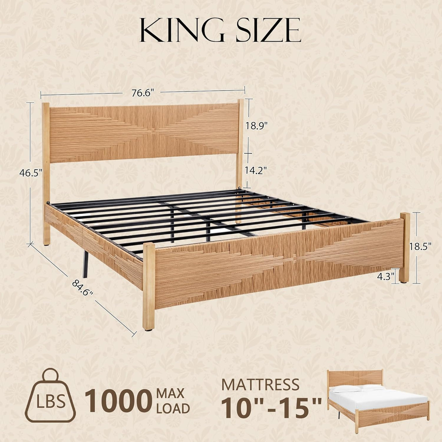 Yechen Solid Wood Rattan Bed Frame | Tall Headboard, Boho Mid-Century Style, No Box Spring Needed