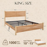 Yechen Solid Wood Rattan Bed Frame | Tall Headboard, Boho Mid-Century Style, No Box Spring Needed