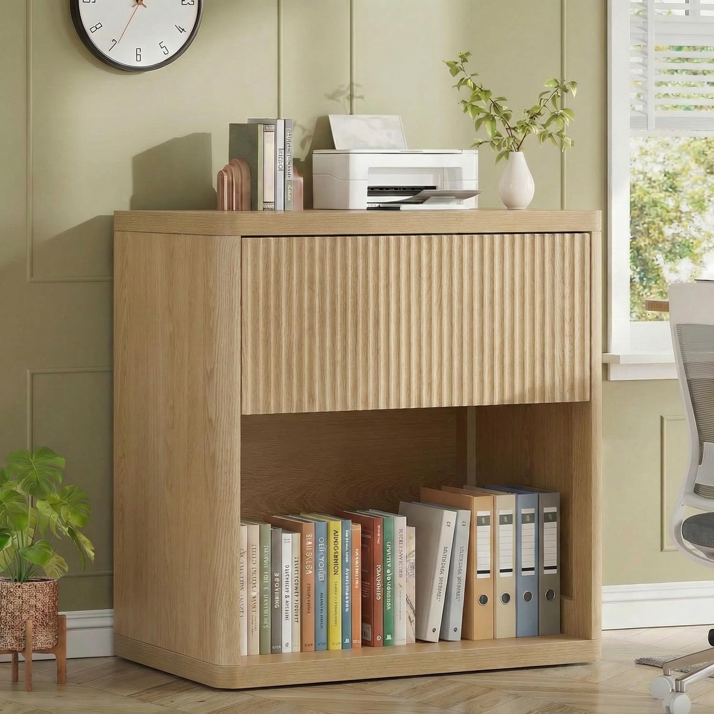 Yechen Fluted Nightstand | 22.8" Wide Mid-Century Bedside Table with Hidden Drawer & Open Shelf