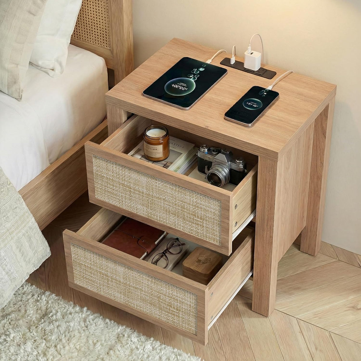 Rattan Boho Bedroom Set — Bed Frame + 2 Nightstands | Full Queen King | Natural Walnut