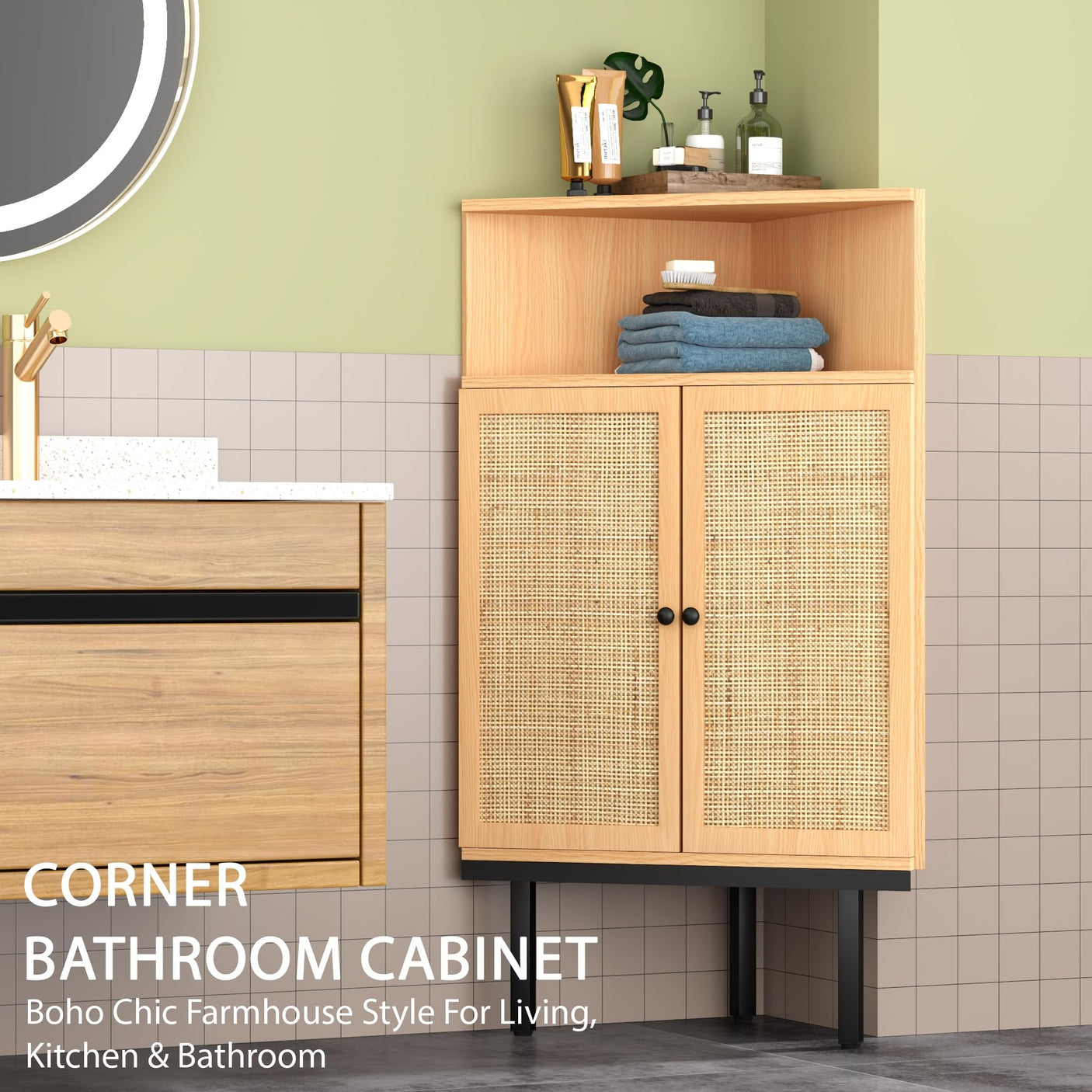 Corner Rattan Storage Cabinet with Adjustable Shelf - Boho Triangle Design