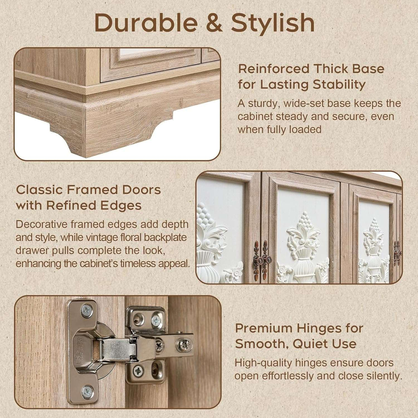 63" Farmhouse Accent Sideboard Buffet Cabinet with Painted 3D Decorative Doors