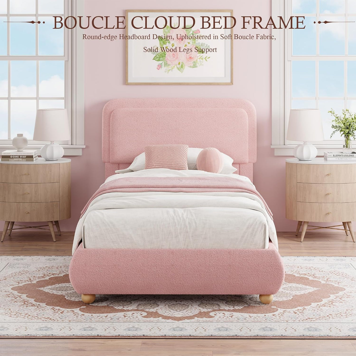 Boucle Fabric Cloud Bed Frame with Round Corner Headboard