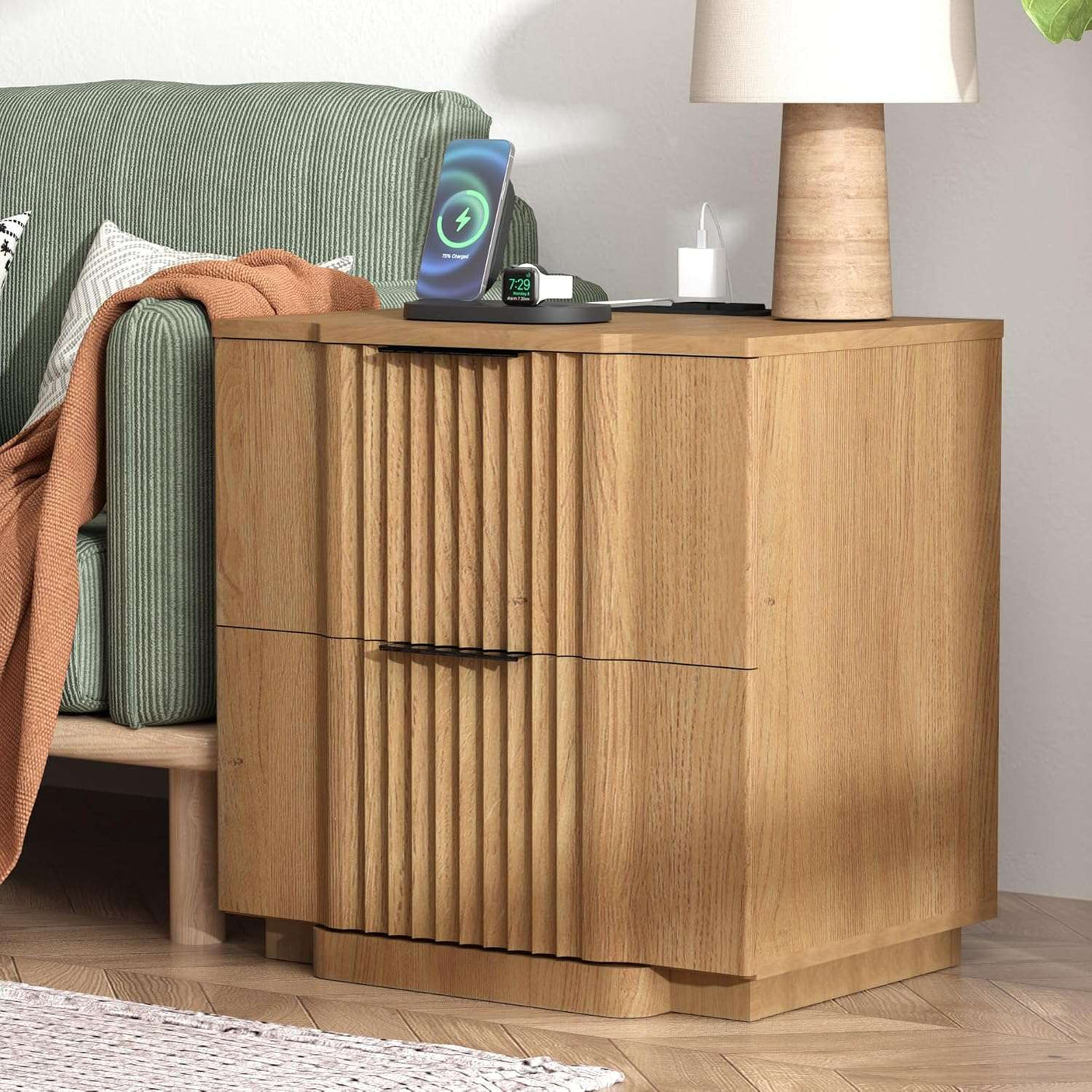 Fluted Nightstand with Charging Station