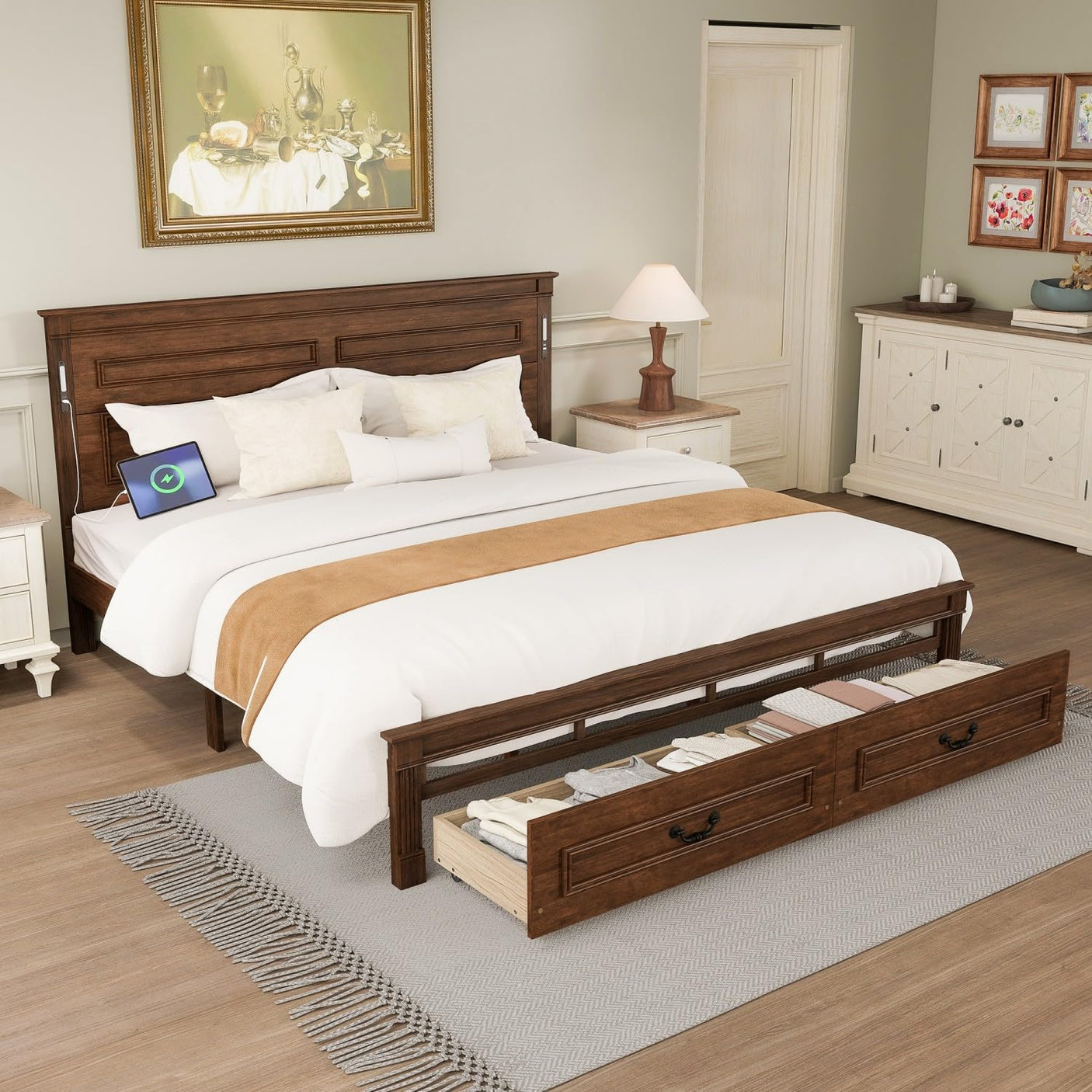 Farmhouse Bed Frame with Storage Drawers & LED Lights | Solid Pine Wood