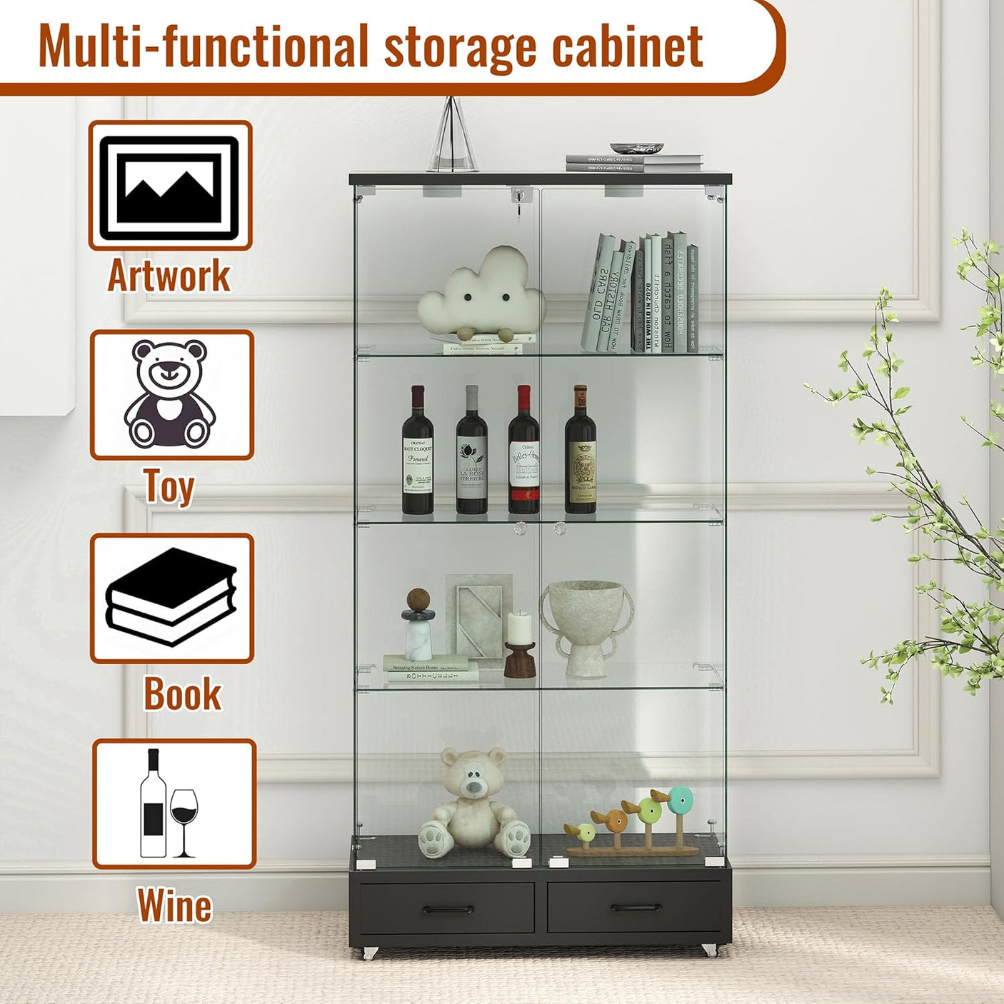 YECHEN Glass Display Cabinet with LED Lights | Double-Door Curio Cabinet with 2 Drawers