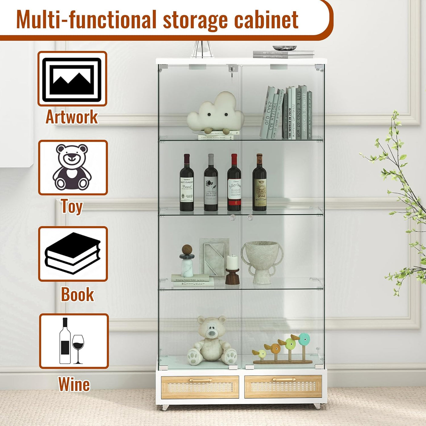 YECHEN Glass Display Cabinet with LED Lights | Double-Door Curio Cabinet with 2 Drawers