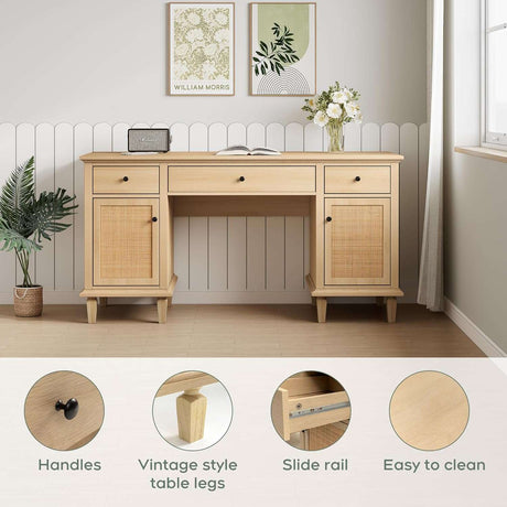 58" Modern Boho Rattan Door Executive Desk