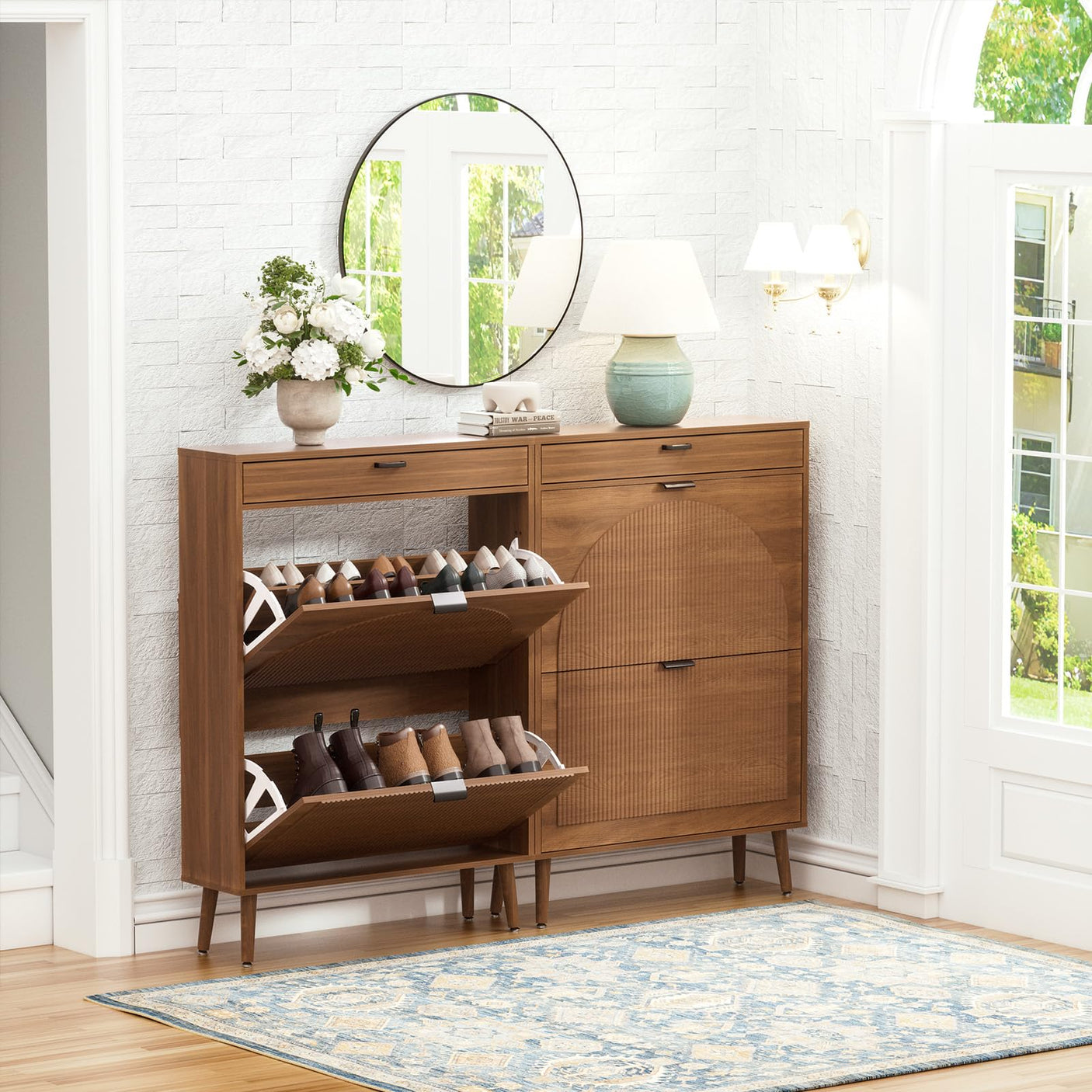 Slim Fluted Shoe Cabinet with Flip Drawers | Entryway Shoe Organizer | Walnut & Natural Oak