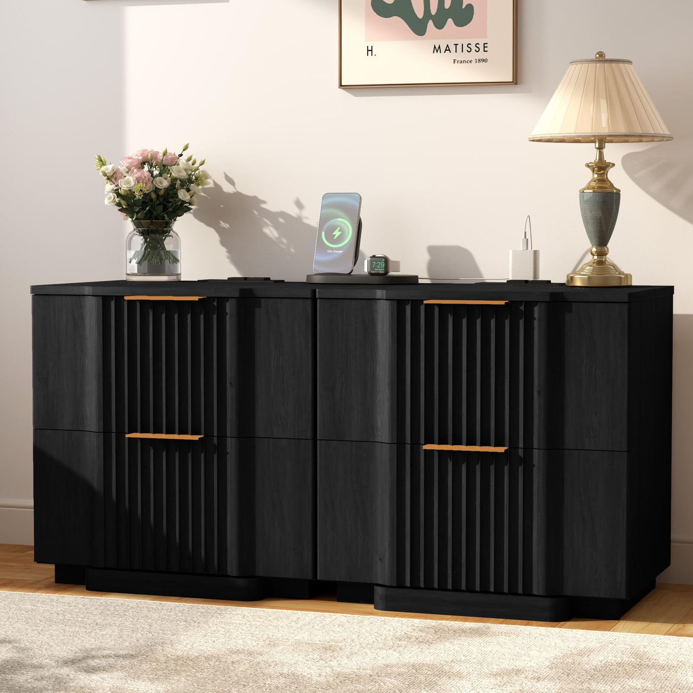 Yechen Fluted Wood Nightstand with 20W Fast Charging – 2-Drawer Bedside Table, Black
