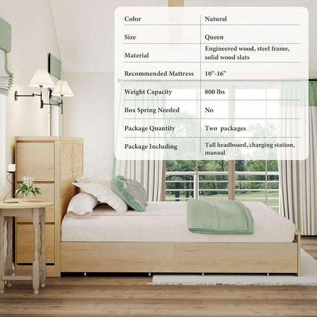 Boho Rattan Queen Beds Frame with Charging Station Headboard