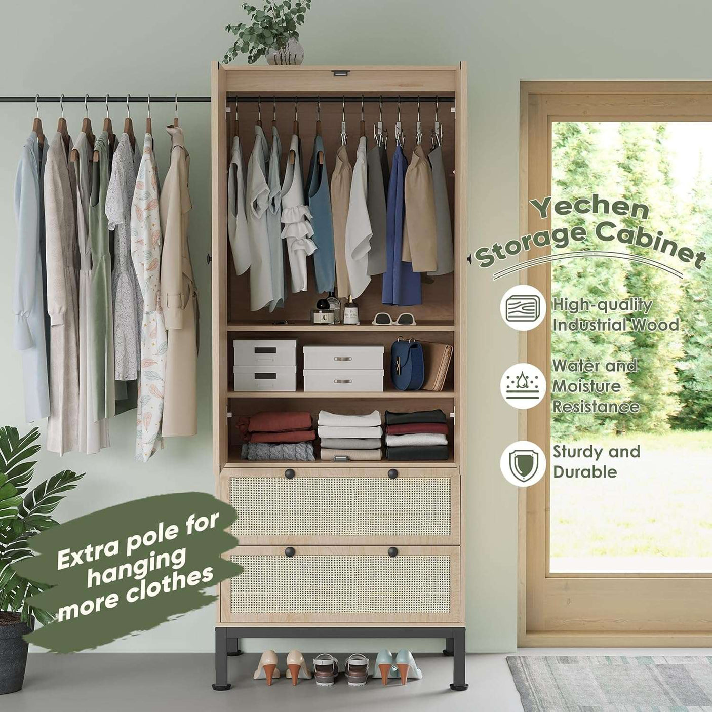 74" Natural Rattan Woven Wardrobe Armoire Closet