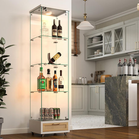 YECHEN Glass Display Cabinet with LED Lights | 4-Shelf Curio Cabinet with Drawer & Locking Door