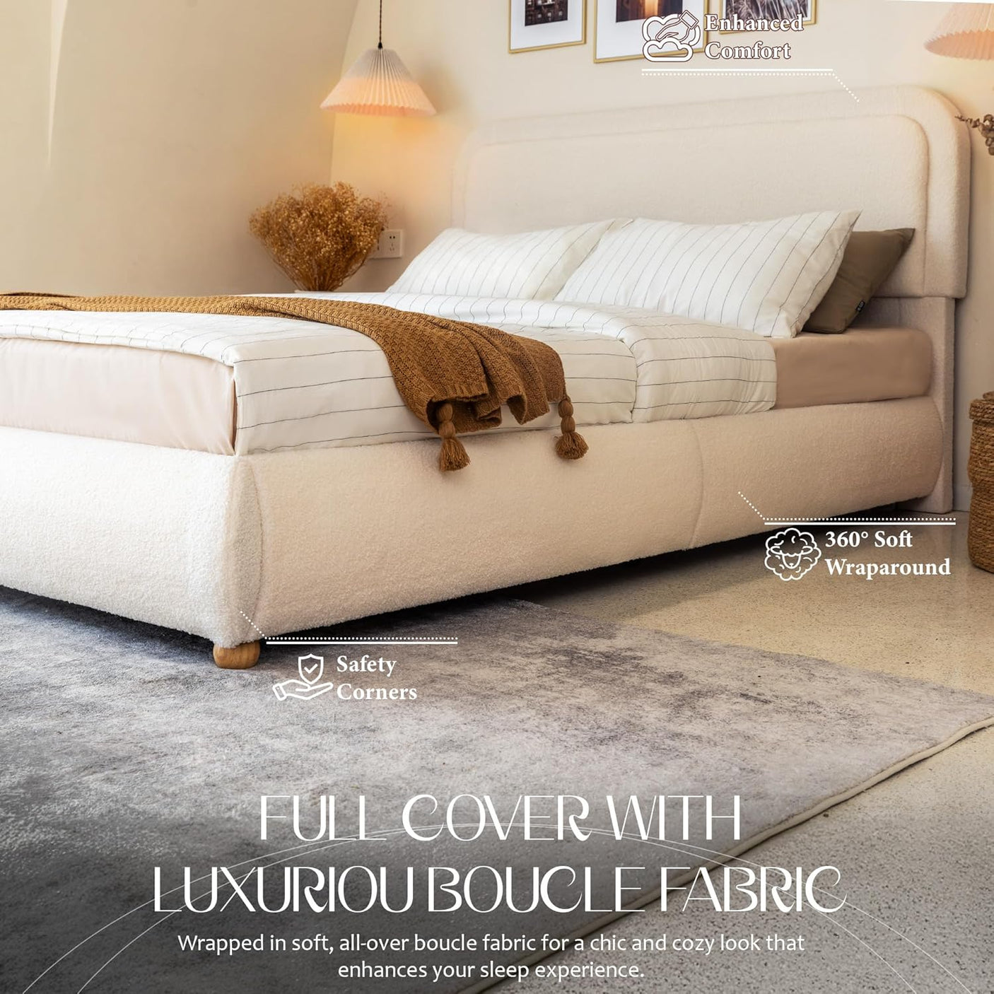 Boucle Fabric Cloud Bed Frame with Round Corner Headboard
