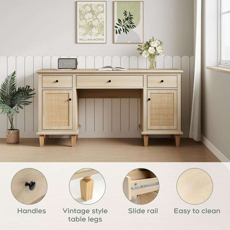 58" Modern Boho Rattan Door Executive Desk