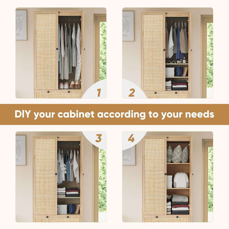 74" Natural Rattan Woven Wardrobe Armoire Closet