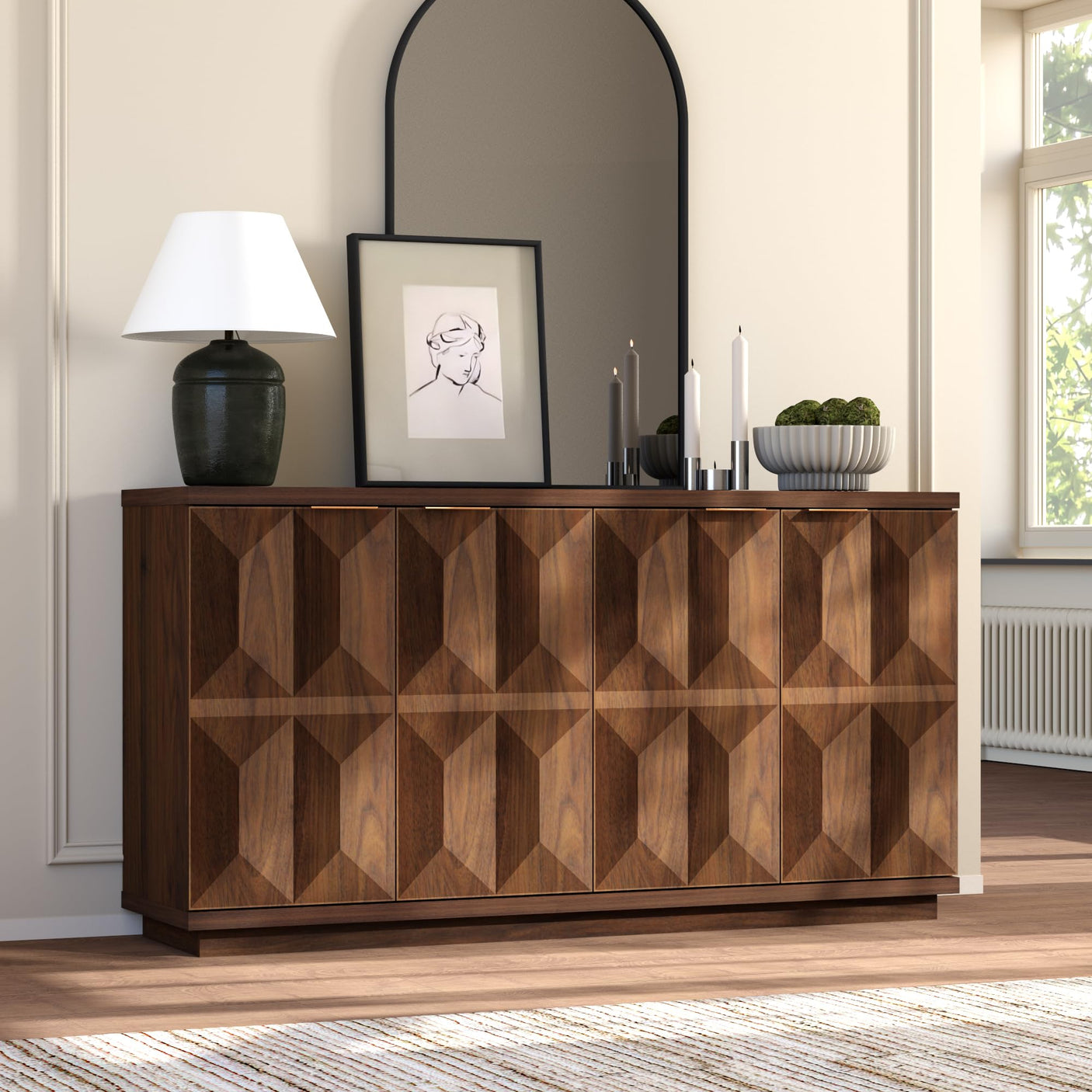 Yechen 59" Walnut Sideboard – Modern 3D Geometric Buffet Cabinet