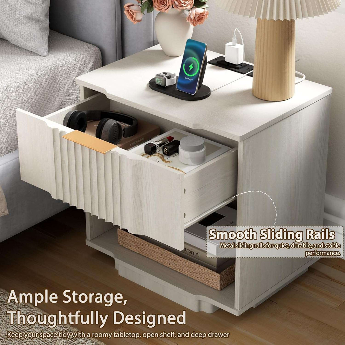 Fluted Night Stand with 20W Fast Charging Station