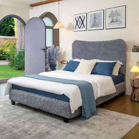 Boho Boucle Cloud Upholstered Platform Bed - Fluffy Soft Bed Frame with Rounded Corners