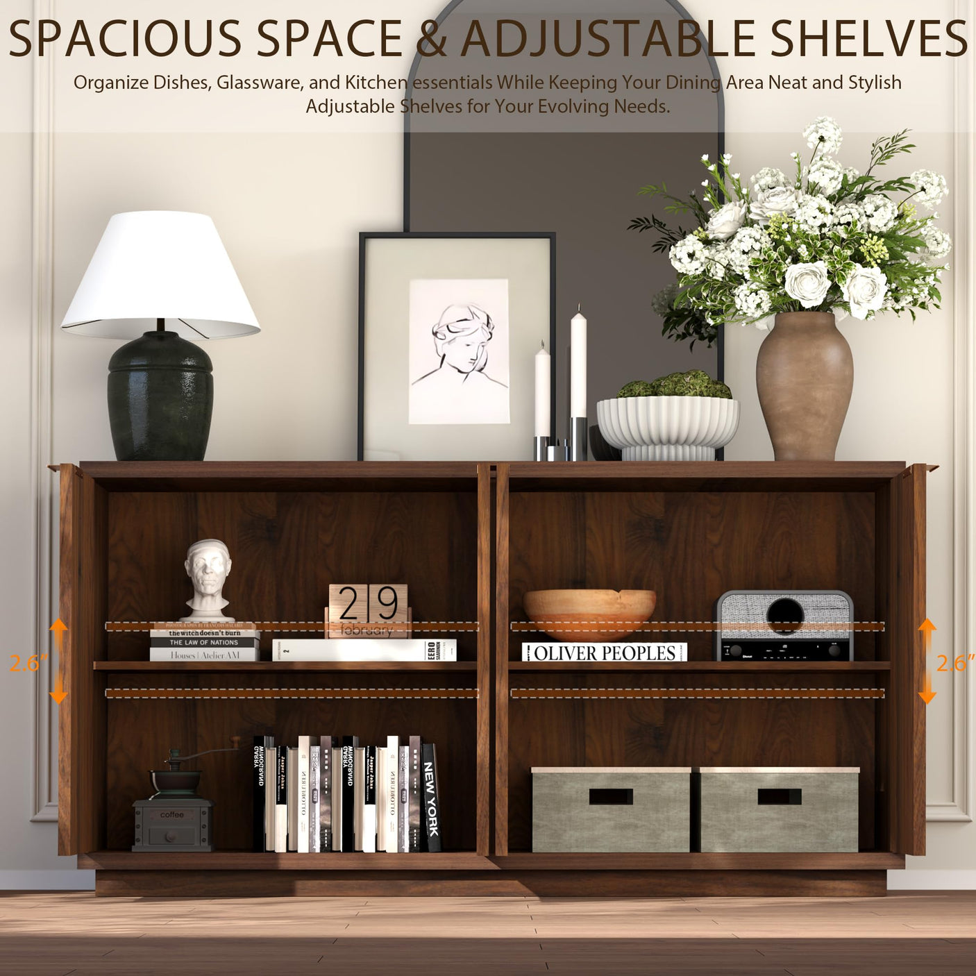 Yechen 59" Walnut Sideboard – Modern 3D Geometric Buffet Cabinet
