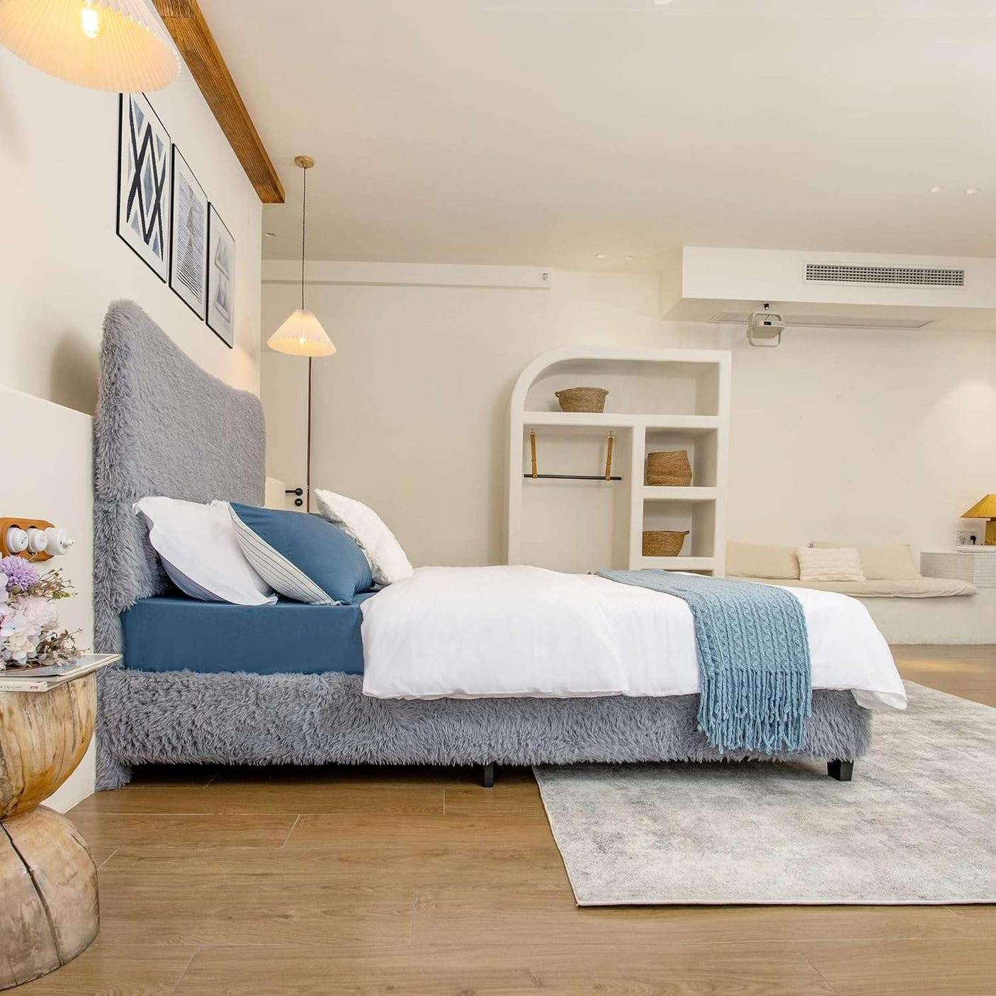 Boho Boucle Cloud Upholstered Platform Bed - Fluffy Soft Bed Frame with Rounded Corners