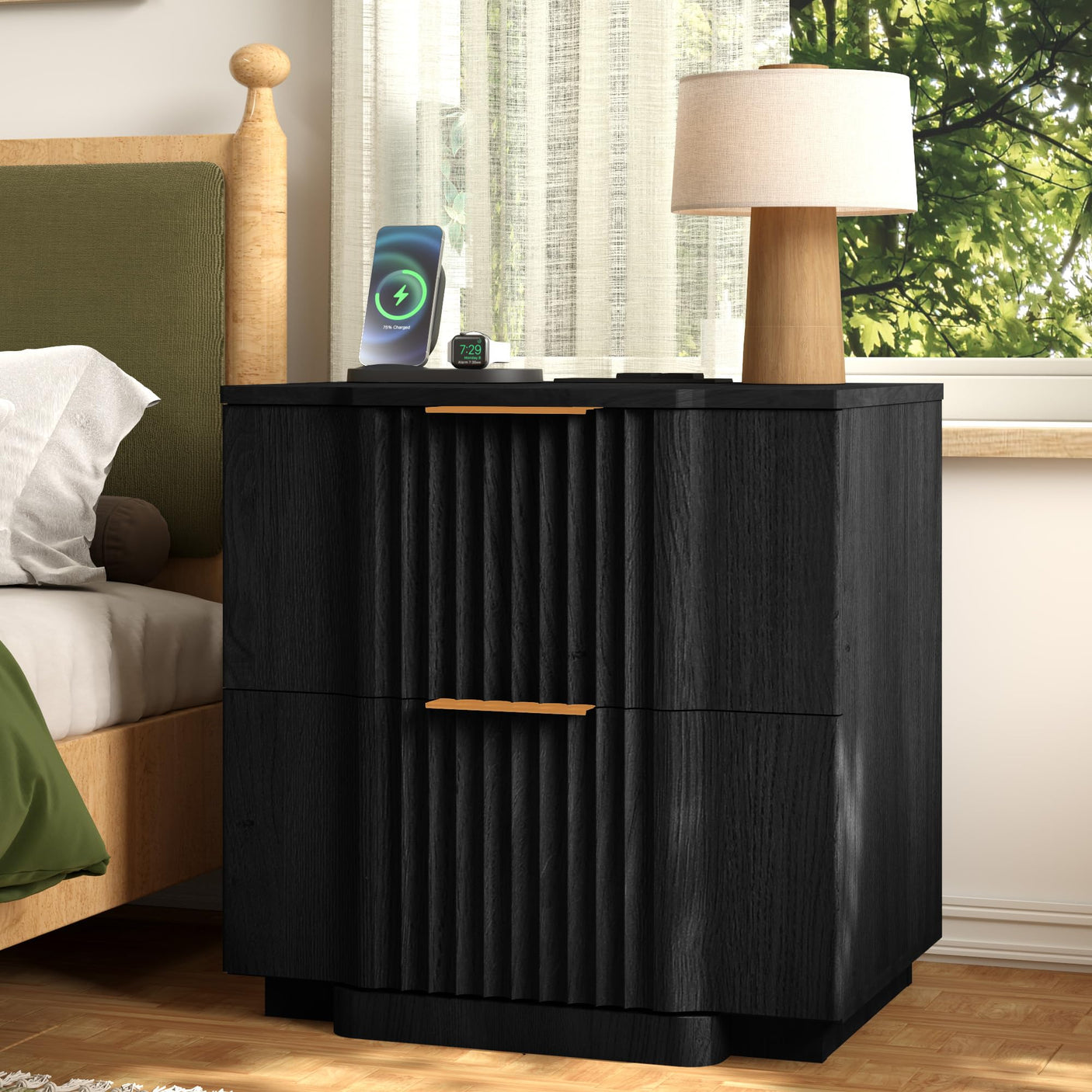Yechen Fluted Wood Nightstand with 20W Fast Charging – 2-Drawer Bedside Table, Black