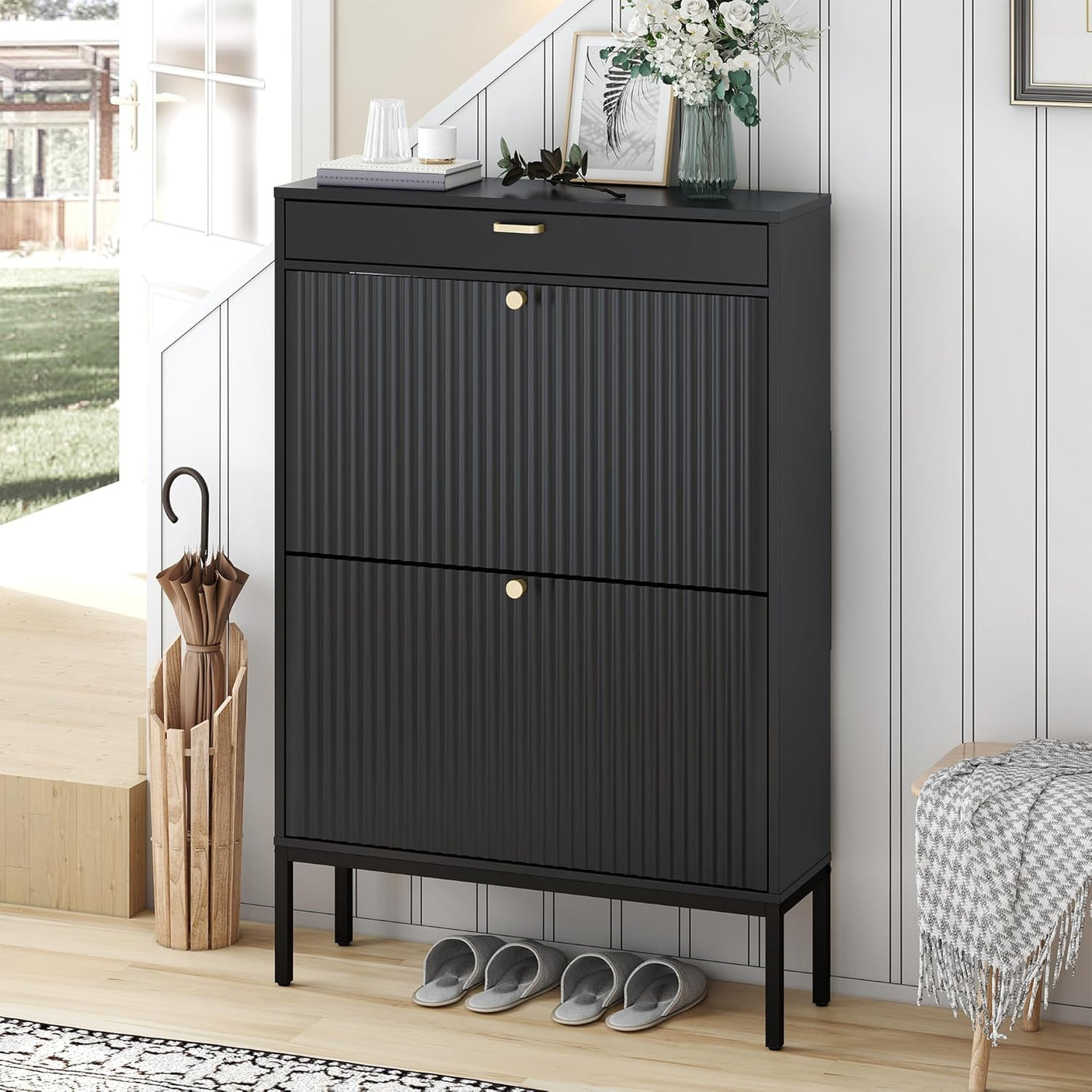 Slim Entryway Shoe Organizer with Half linear Circle Doors