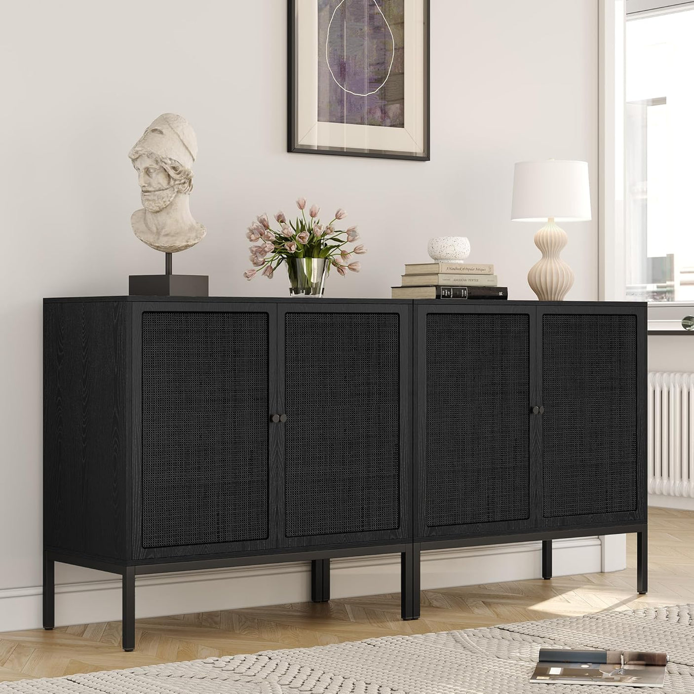 Sideboard Cabinet with Natural Rattan Decorated Doors